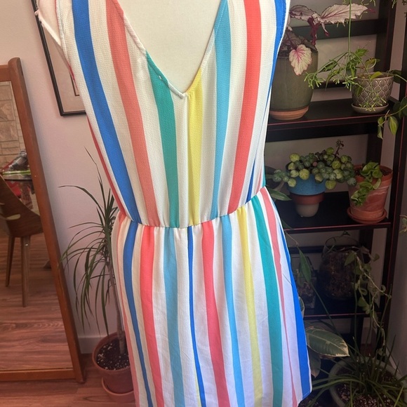 Striped V-Neck Multi Colored Mini Dress with Lining, Tie and Two Pockets Large - Picture 4 of 8